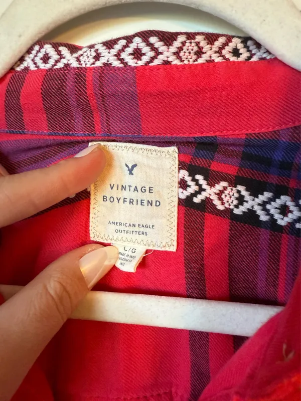 American Eagle Outfitters Red Western Plaid Flannel Button Up Shirt - Image 3