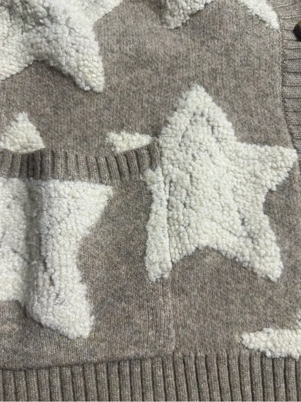 Cozy Star Pattern Cardigan Sweater - Taupe & Cream - Image 4