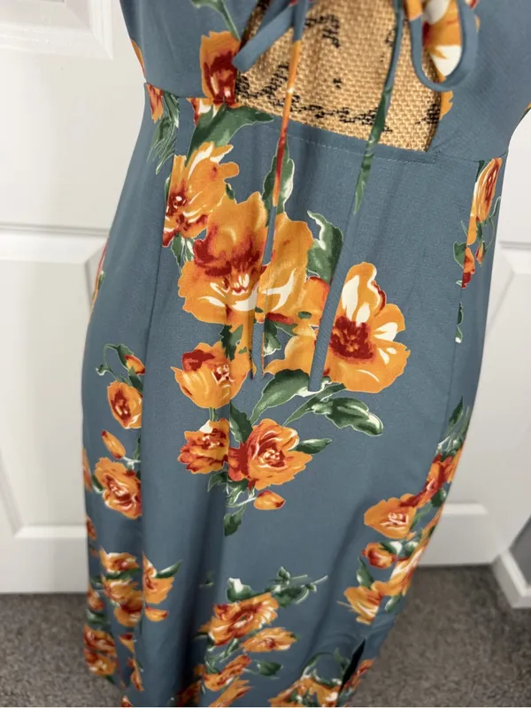 Lulus Floral Cutout Tie Front Midi Dress Blue Orange Sz S NWOT - Image 8