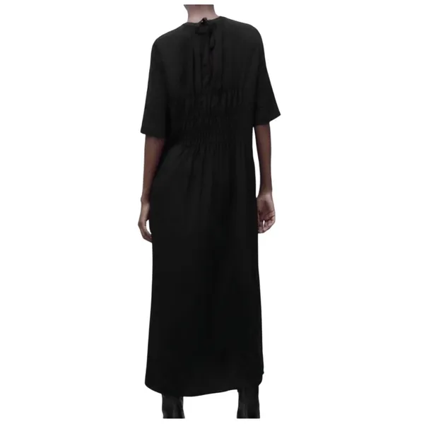Zara Women's Short Sleeve Smocked Pleated Midi Dress Black Size M - Image 2