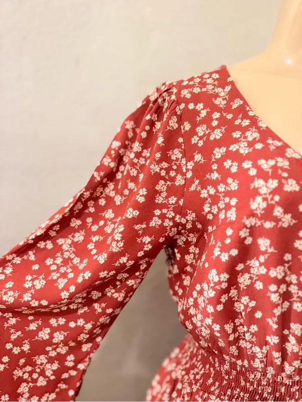 Índigo Rose Rust Floral V-Neck Midi Dress with Long Sleeves size L fall ready - Image 6