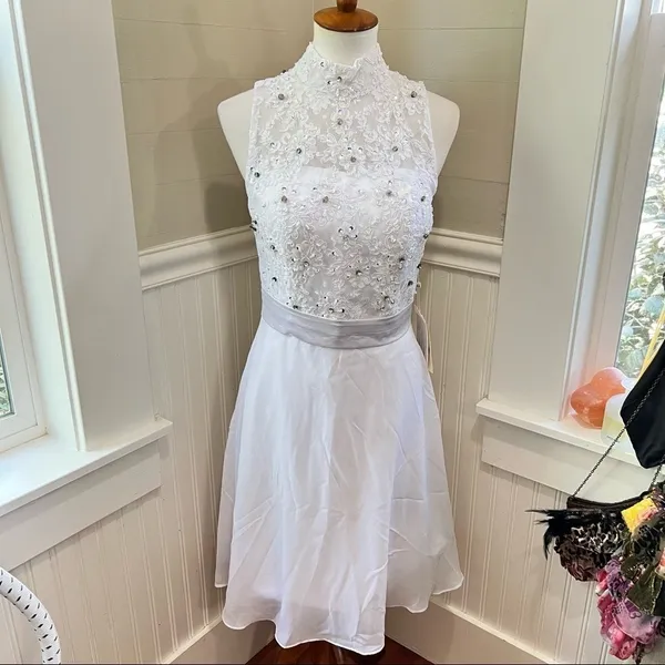 NWT TS Couture White Rhinestone Chiffon Formal Dress Size 8 - Image 8