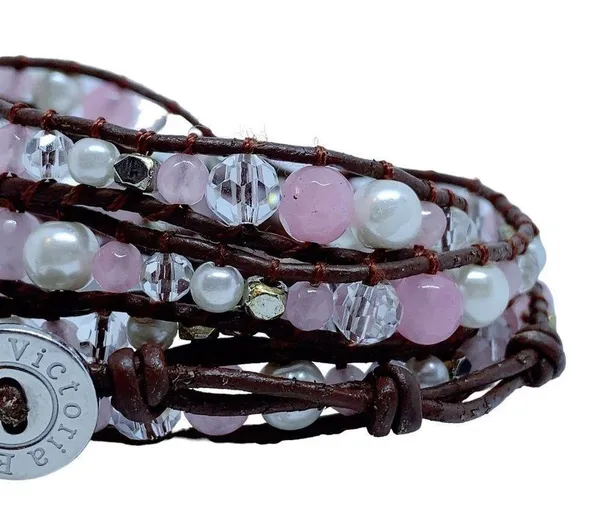 Victoria Emerson Brown Leather Wrap Bracelet With Pink Pearls - Image 4