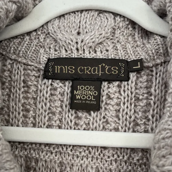 inis crafts merino 100% wool Sweater L Tan Long Full Zip Cable Knit Ireland Boho - Image 3