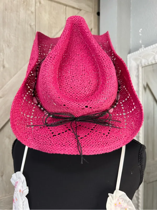 Vibrant Fuchsia Beaded Straw Cowboy Hat 🤠💗 Pink - Image 4