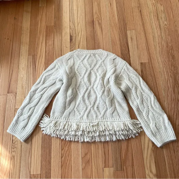 Cream Cable Knit Fringe Sweater Womens Small Cozy Coastal Grandma Quiet Luxury - Image 9