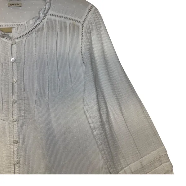 Faherty Willa Blouse White Organic Cotton Pintuck Ruffle Button Front Top Small‎ - Image 7