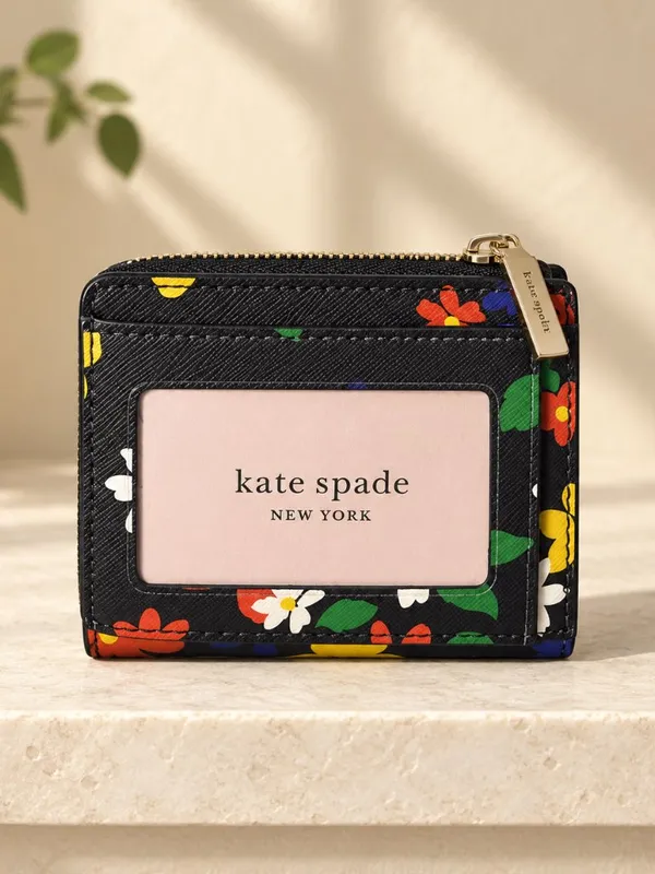 Kate Spade Floral Compact Snap Wallet Black Multicolor Zip Coin Pocket - Image 3