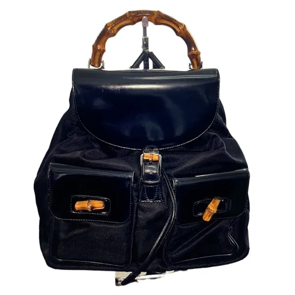 GUCCI Vintage Bamboo Patent Leather/Canvas Backpack Black with Dust Bag - Image 2