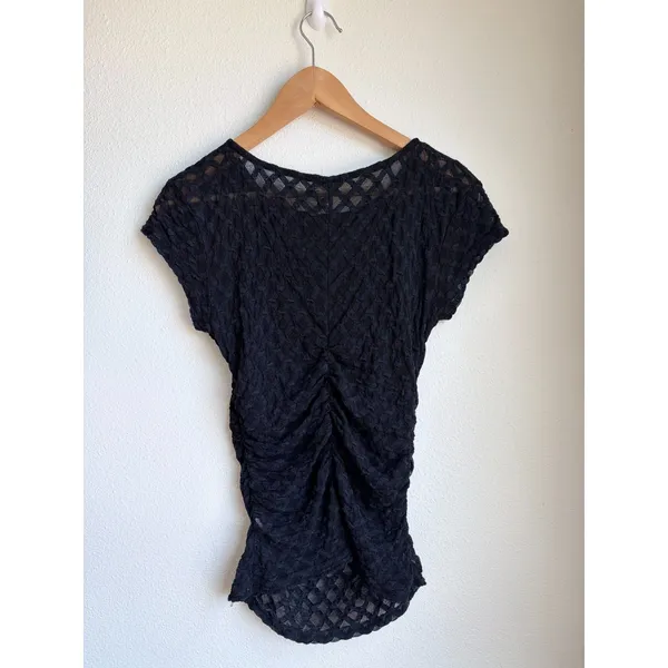 FREE PEOPLE Intimately Textured Mesh Black Ruched Short Sleeve Top Womens Small - Image 3