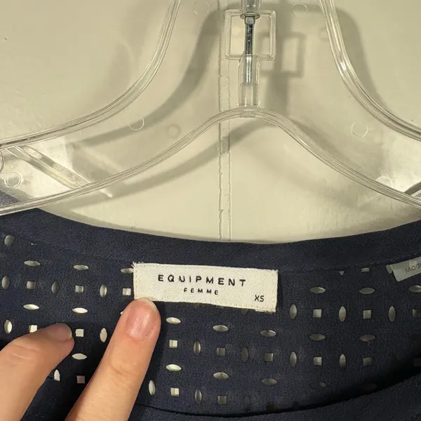Equipment Femme Navy Blue Perforated 100% Silk Long Sleeve Sheer Blouse Minimal - Image 3