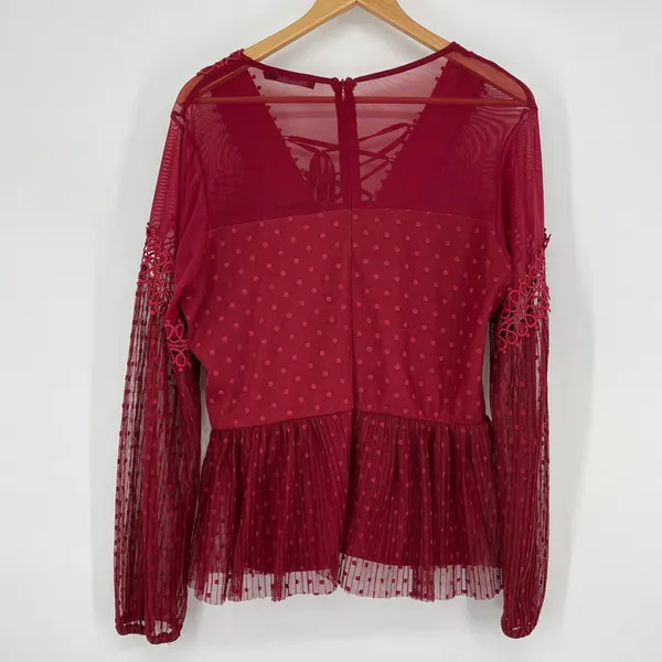 BKE Boutique Burgundy‎ Lace Up Long Sleeve Polka Dot Sheer Top Size L Coquette - Image 2