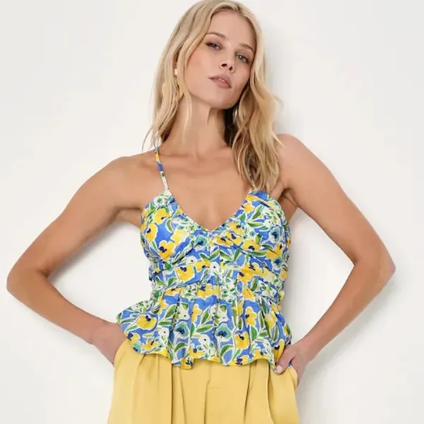 Lulus Artful Allure Blue Multi Floral Sleeveless Peplum Cami Top Medium - Image 2