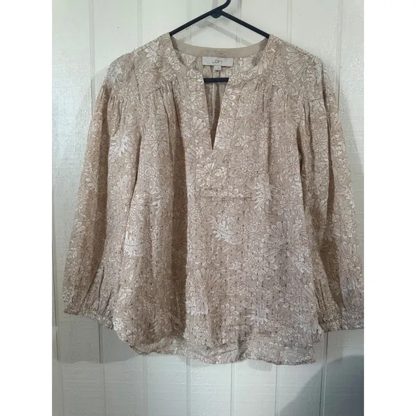 LOFT Womens Tan White Floral Metallic Shimmer Split Neck Blouse Size S - Image 2