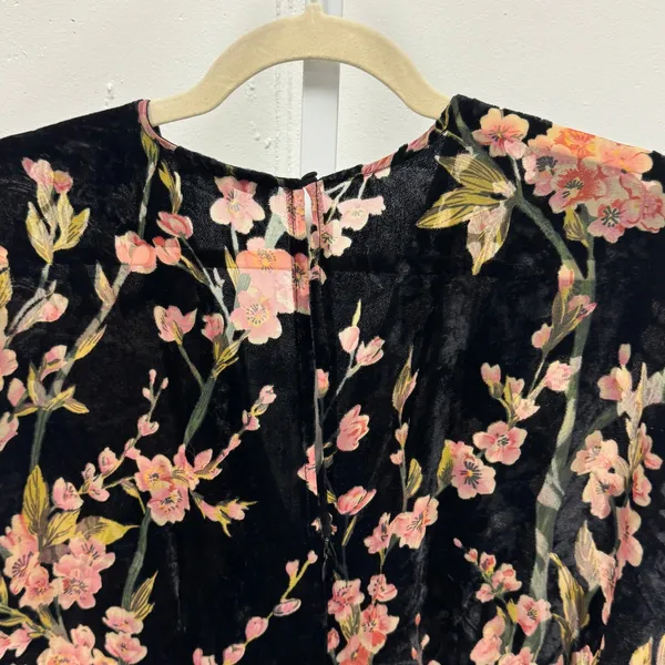 Lucy Paris‎ Black Floral Velvet Burnout Faux Wrap Midi Dress Pink Flowers Small - Image 6