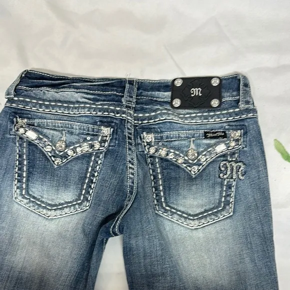 Miss Me Blue Cropped Jeans with Rhinestone Embellishments - Image 2