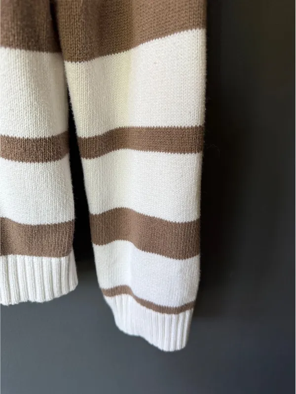 Liz & Co. Brown and White Striped Cotton Half-Zip Sweater, Size M - Image 11