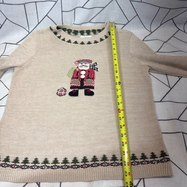 Christopher & Banks Sweater Medium Tan Santa Hand Embroidered‎ Christmas Holiday - Image 8