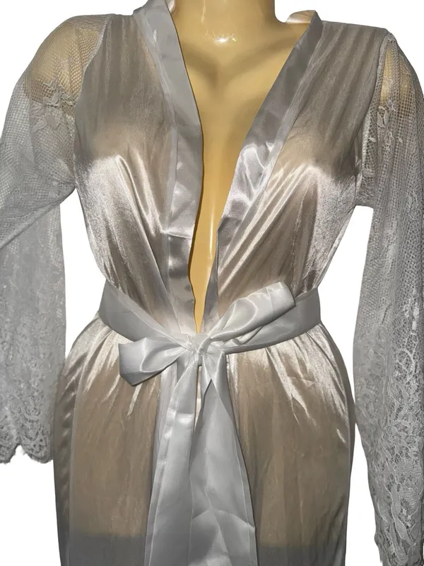 Silky Lace Trim Long White Satin Robe - Image 2