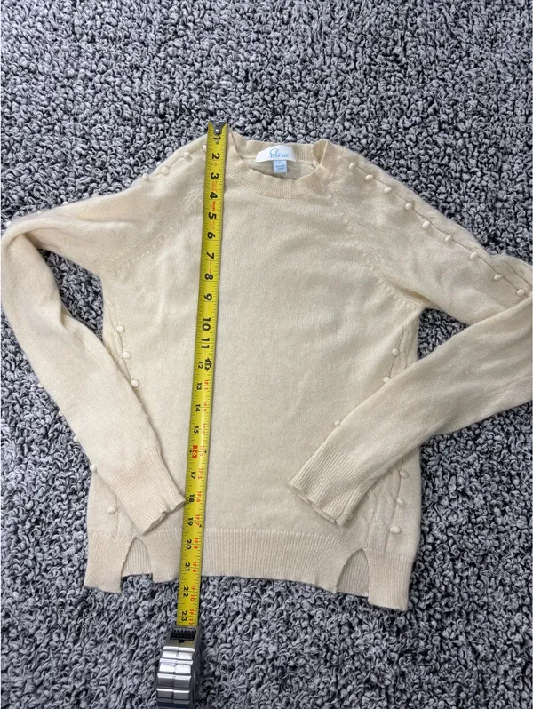 100% Cashmere Sweater Women Size S Cream Cable Knit Pom Pom Beaded Luxury - Image 5