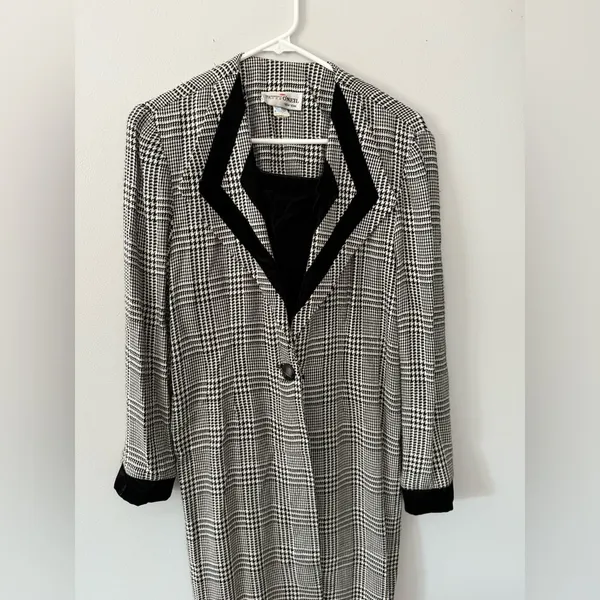 VTG Patty O’Neil Plaid Houndstooth Longline Coat Black White Pattern Size M 6 - Image 7
