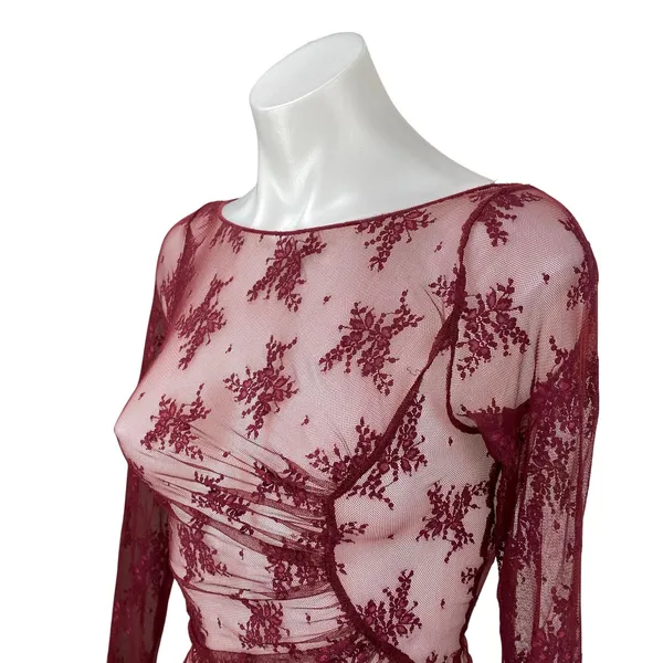 Free People Full Bloom Red Layering Mesh Sheer Lace Long Sleeve Blouse Top Sz XS - Image 2