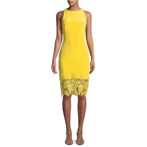 Theia Yellow Midi Dress‎ with Lace Detail - Image 2
