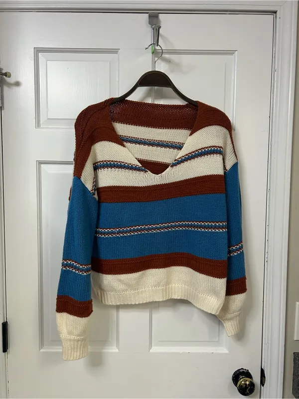 SHEIN Striped V-Neck Sweater in Blue, Cream & Brown - Image 2