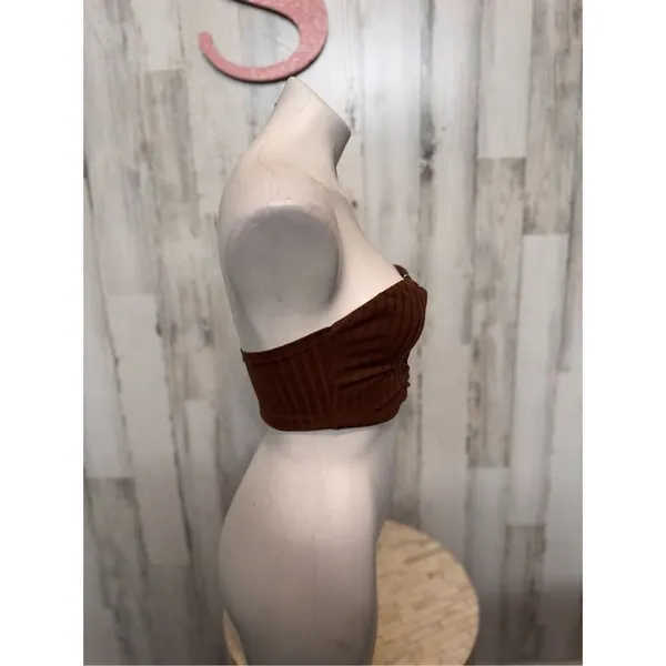 Brown Ribbed Knit Lace-Up Bandeau Crop Top Women’s XS - Image 4