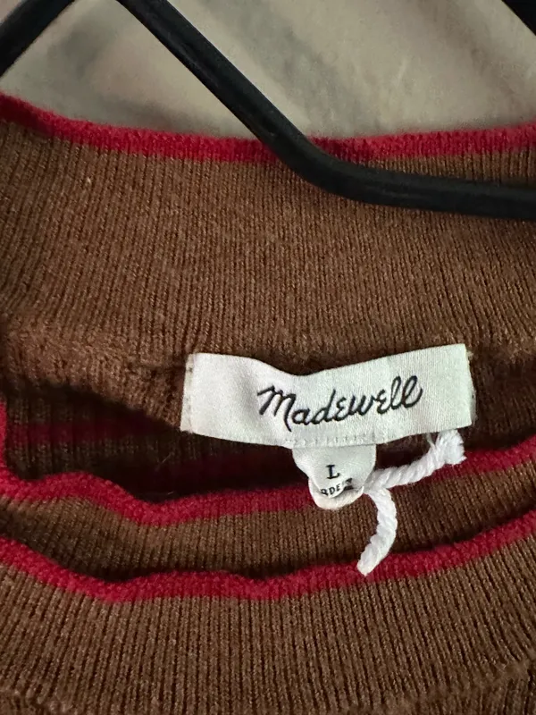 Madewell Merino Wool/ Silk Blend Knit Pullover Sweater Brown Red Striped L Women - Image 4