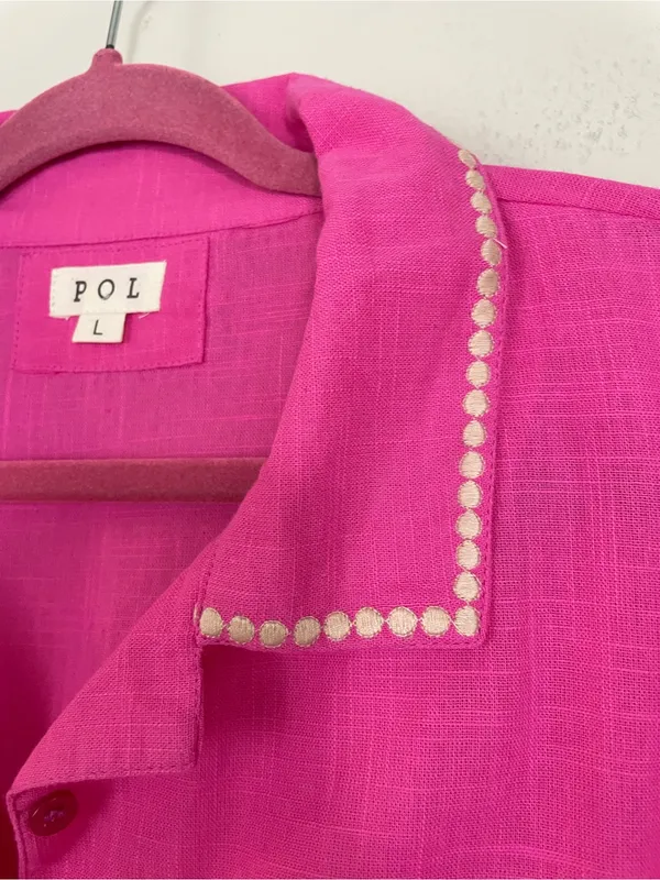 POL Bright Pink Embroidered Puff Short Sleeves Button-Front Blouse Size Large - Image 4