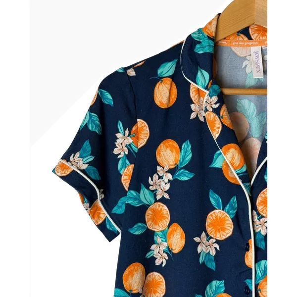 Joyspun Pajama Set Women Small Blue Orange Citrus Floral Print Short Sleepwear - Image 5