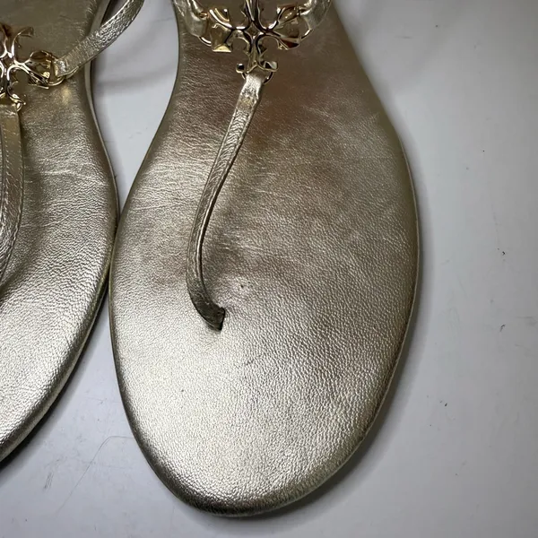 TORY BURCH Capri Strap Sandal Spark Gold Size 8 T-Strap Thong Metallic Logo - Image 6