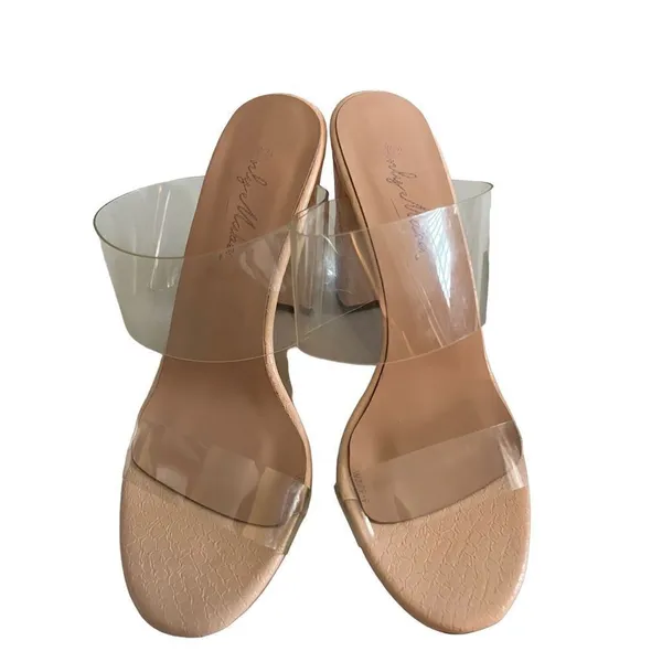 Only Maker Nude Clear Double Strap Block‎ Heel Mules Sandals Size 39 Tan - Image 3