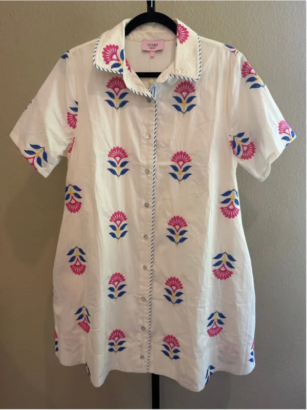 Women's Entro Button Down Embroidered Shirt Dress in White Size S - Image 2