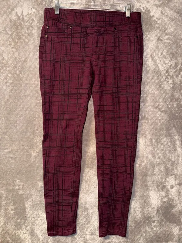 Liverpool Reagan Printed Skinny Burgundy Plaid Pants Size 6/28 - Image 3
