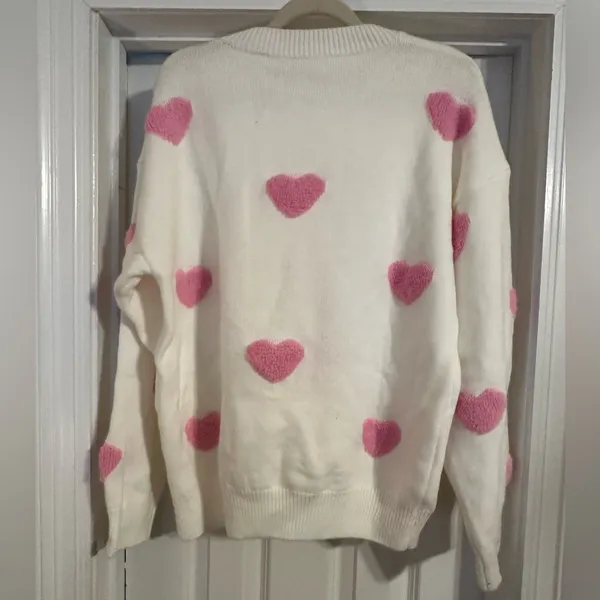 Cozy White Sweater with Pink Heart Accents - Image 3