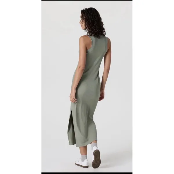 Vuori Pose Modern Maxi Dress Small Olive Green Ribbed Ruched Sleeveless Mock - Image 3