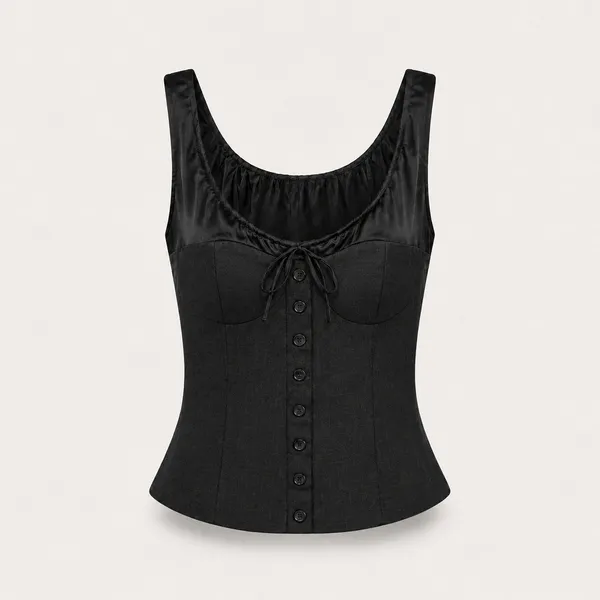 Reformation | Beverly Linen Silk Corset Button Front Top in Black | Size 0 - Image 7