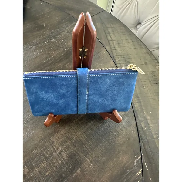 Friend Blue Faux Suede Long Bifold Wallet Gold Tone Hardware Zipper Pocket - Image 4