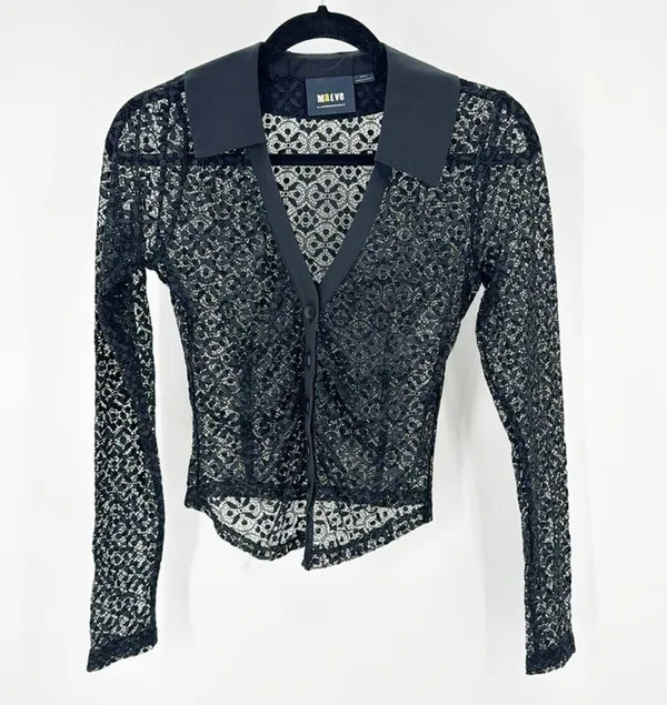 Maeve For Anthropologie Black Lace Button Down Blouse sexy grunge goth size XS - Image 2