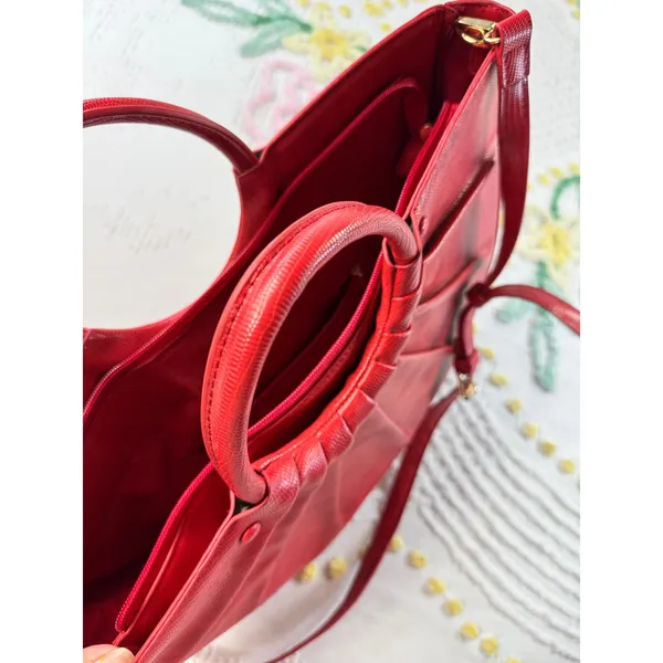 Red Faux Lizard‎ Pleated Fan Handbag Crossbody Half Moon Satchel Gold Hardware - Image 3