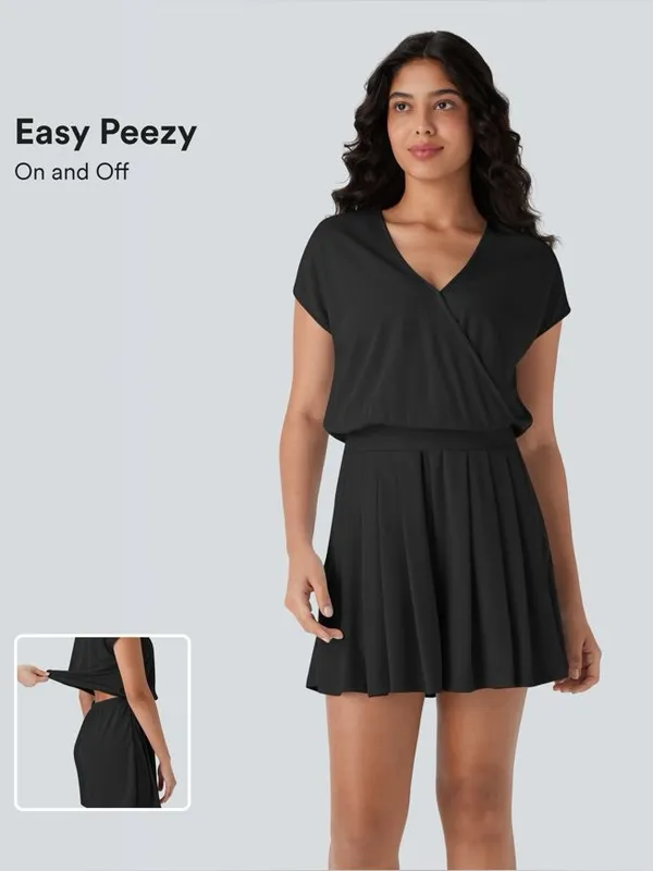 Halara V~Neck SS Pocket Waffle Weave Romper Easy Peezy SZ XL Black Pleated Short - Image 2