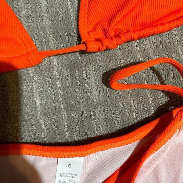 Zuvebamyo Bright Orange Ribbed Triangle String Tie Bikini‎ Small NWT Orange - Image 4