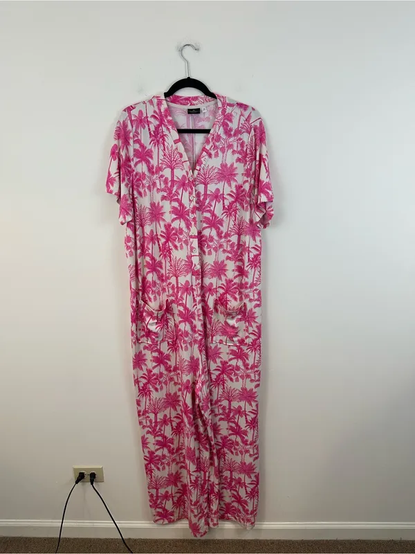 Bumblebella Dreamy Jersey Essential Wide Leg Jumpsuit Pink Palm Print Lounge XL - Image 2