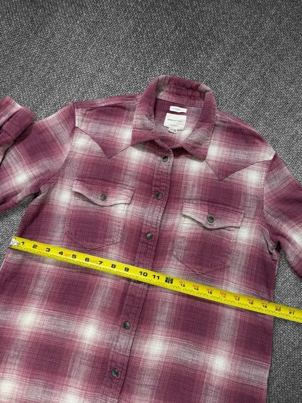 American Eagle Women’s Burgundy Cream Plaid Oversized Western Flannel Shirt - Image 6