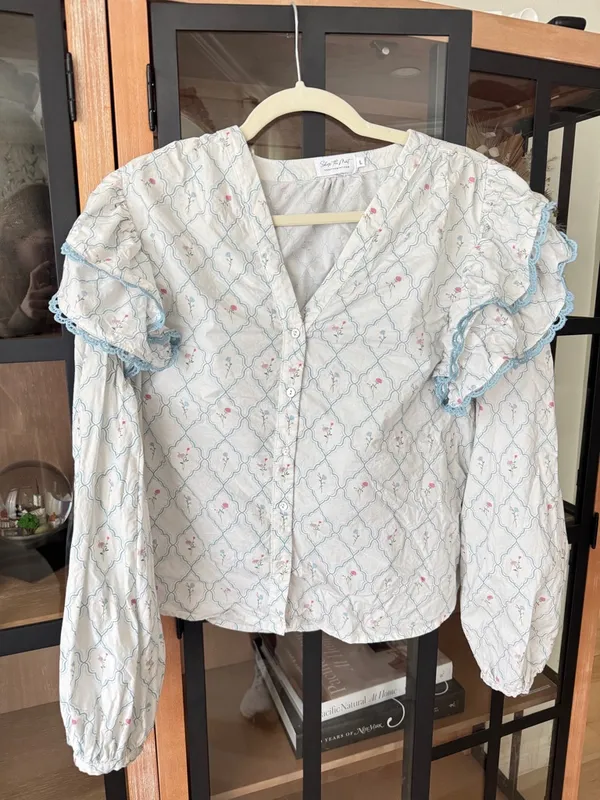 Shop The Mint Rendezvous Medallion Blouse block print top ruffle floral lace - Image 2