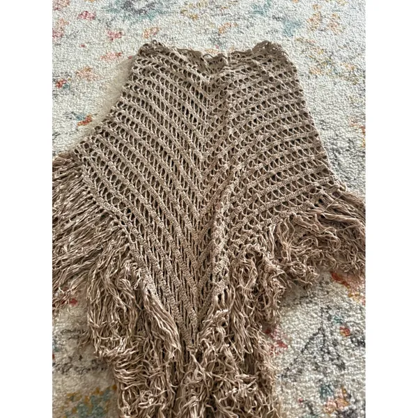 Hazel Tan Crochet Fringed Poncho Open Knit Boho Festival Wrap One Size - Image 4