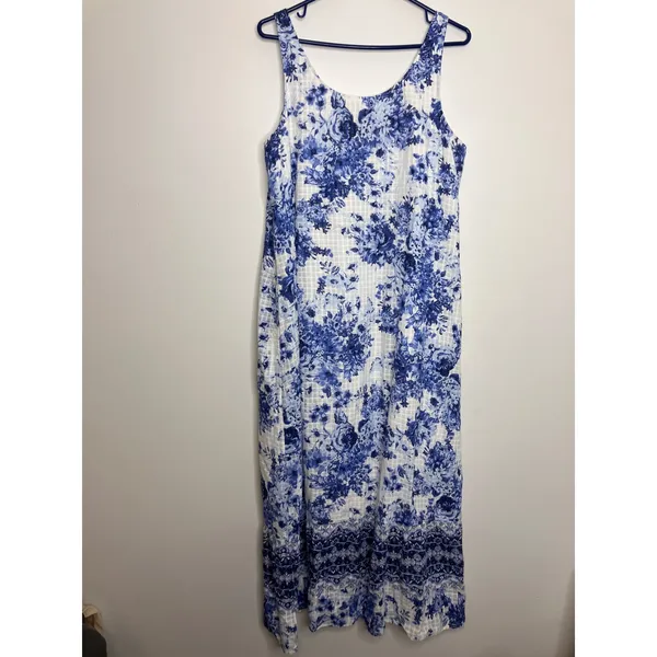 J. Jill Maxi Dress Womens M Blue Floral Cotton Sleeveless Pockets Excellent - Image 6