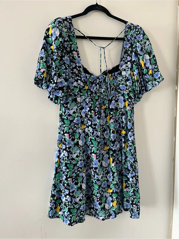 Blue Green Floral Puff Mini Dress Medium Romantic Cottagecore Summer Going Out - Image 7